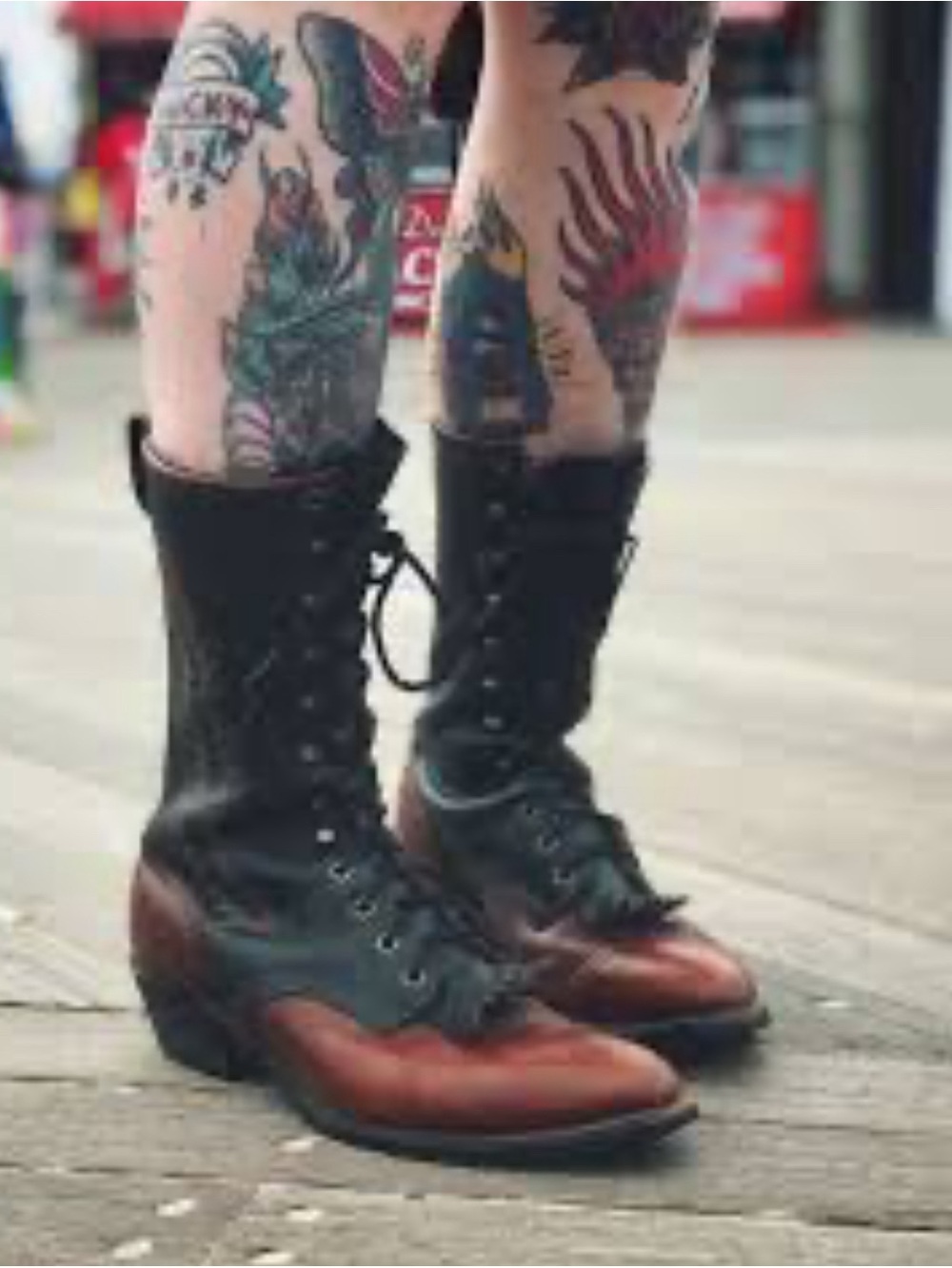 Vintage Abilene Two-Tone Lace-Up Leather Boots - Black & Brown